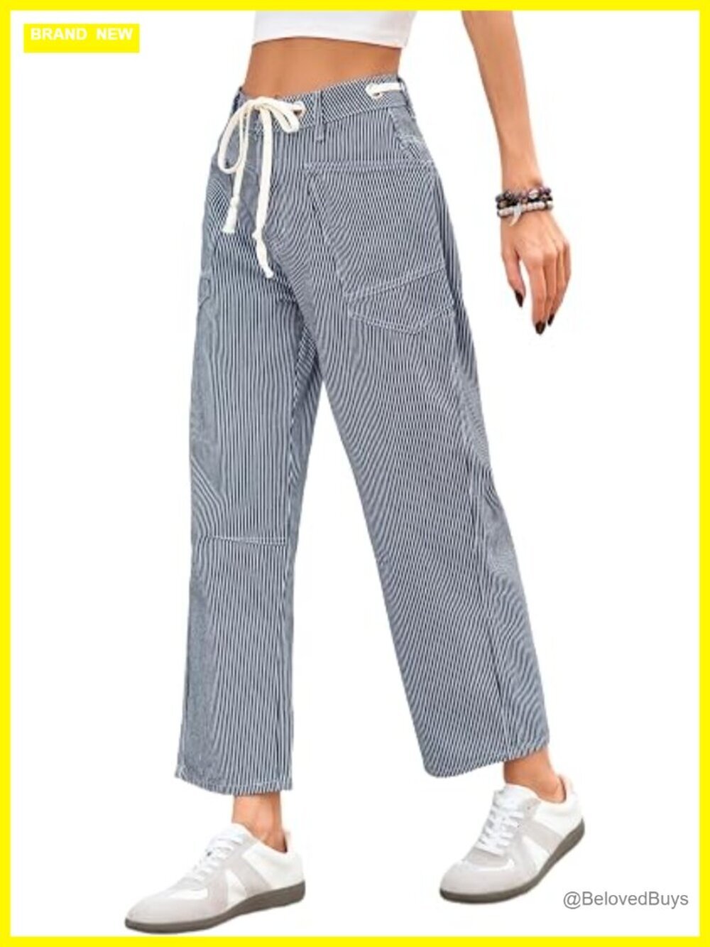 High Waisted Baggy Wide Leg Striped Jeans with Eyelet Drawstring